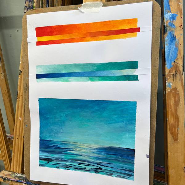 Acrylic seascape colour studies in blue and orange