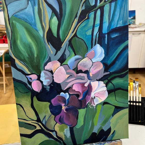 Acrylic painting of pink flowers and green leaves