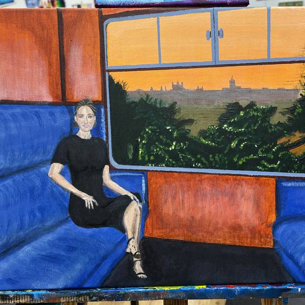 Acrylic painting of a figure seated by a window