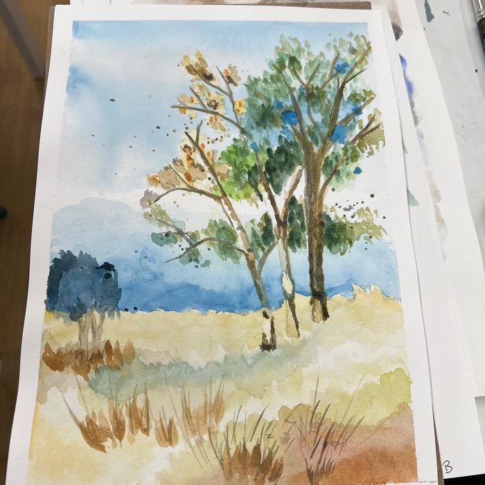 Loose watercolour landscape with trees and grasses