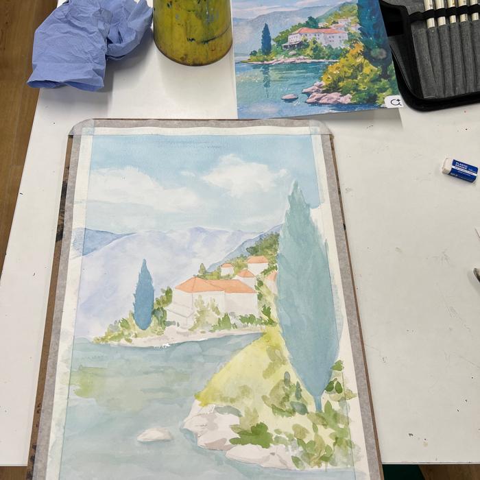 Watercolour of a Mediterranean village by a lake