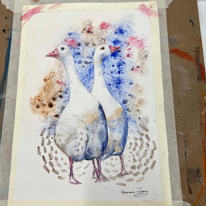 Watercolour of two decorative geese