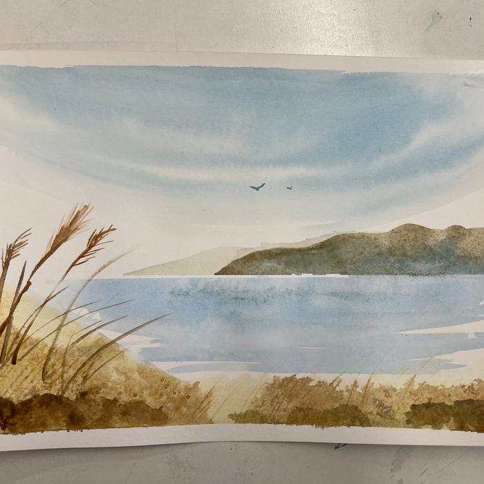 Watercolour seascape with grasses in the foreground