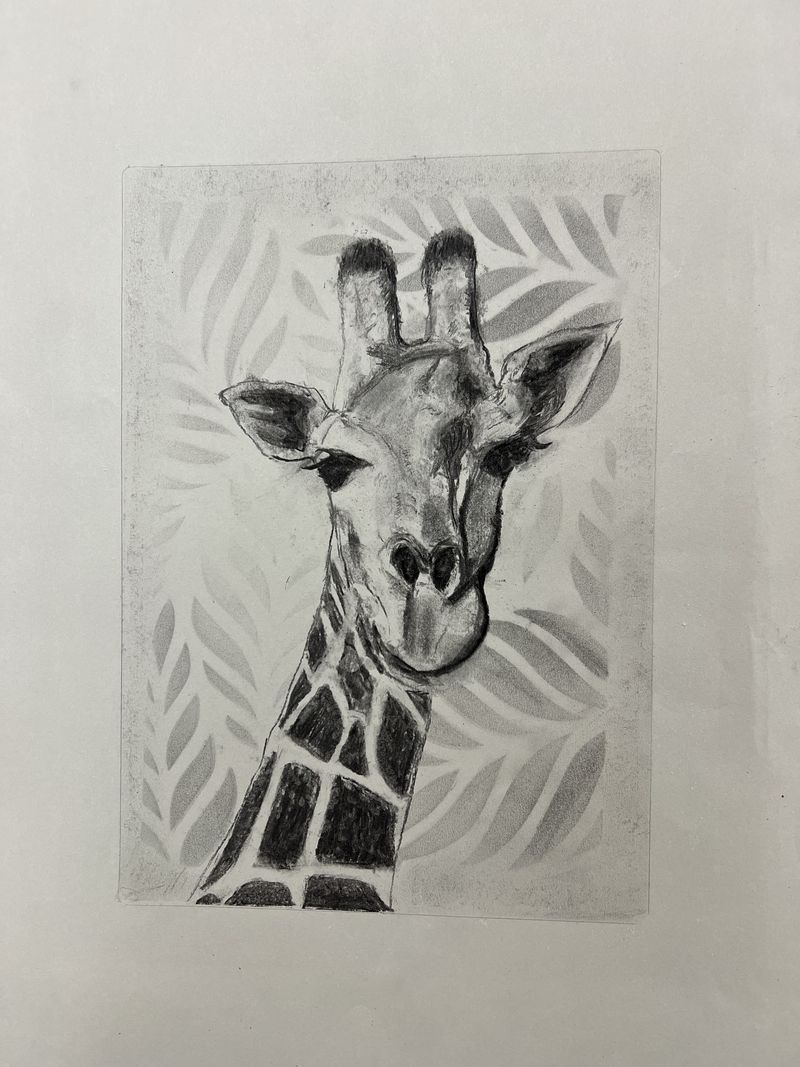 Graphite drawing of a giraffe’s head against a leaf-patterned background